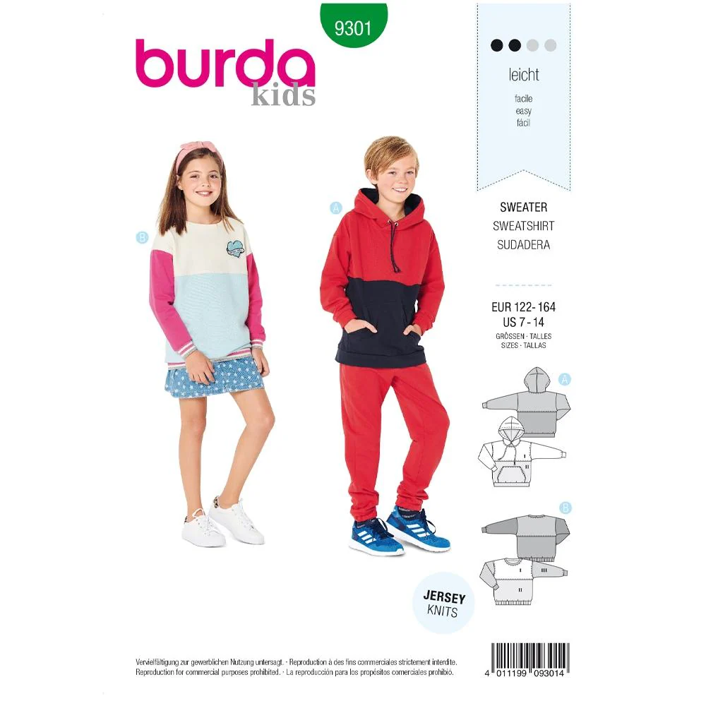 Burda Pattern Children's Sweatshirt & Hoodie Tops 9301 (7-14)