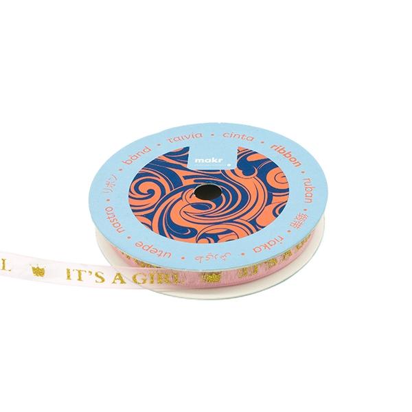 Makr Ribbon, Glitter Gold It's A Girl Pink Organza- 9mm - Image 2