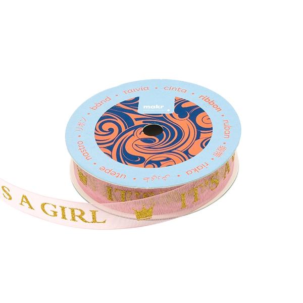 Makr Ribbon, Glitter Gold It's A Girl Pink Organza- 16mm - Image 2