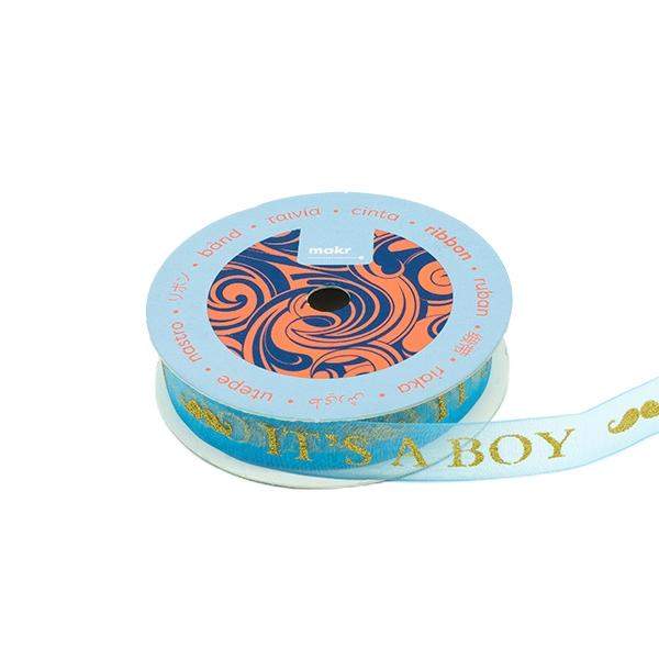 Makr Ribbon, Gold It's A Boy Blue Organza- 16mmx4.5m - Image 2