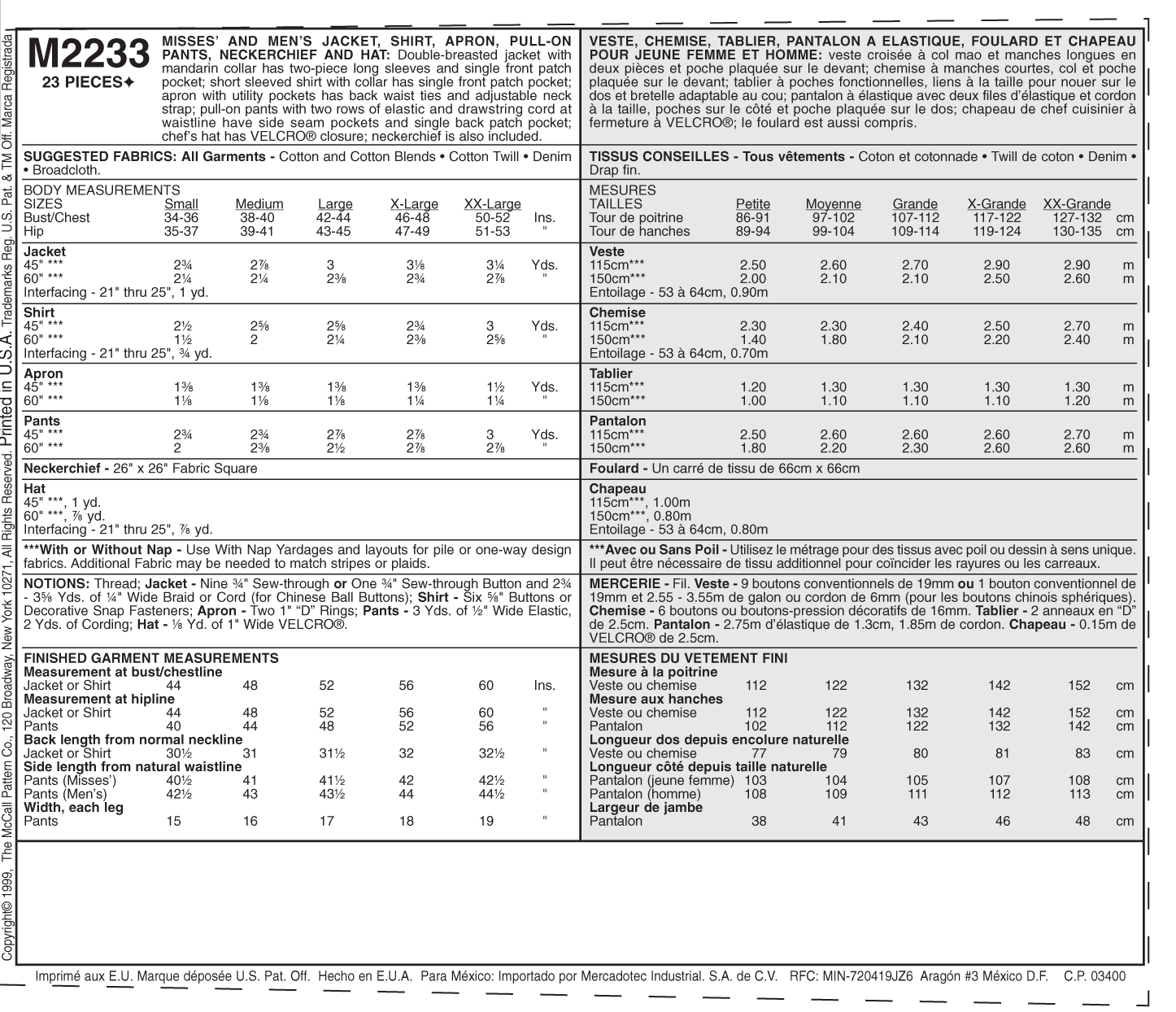 McCall's Pattern M2233 Misses' and Men's Jacket, Shirt, Apron, Pull-On Pants, Neckerchief and Hat - Image 11
