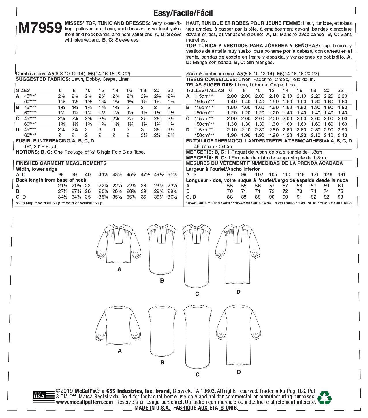 McCall's Pattern M7959 Misses' Top, Tunic and Dresses - Image 8