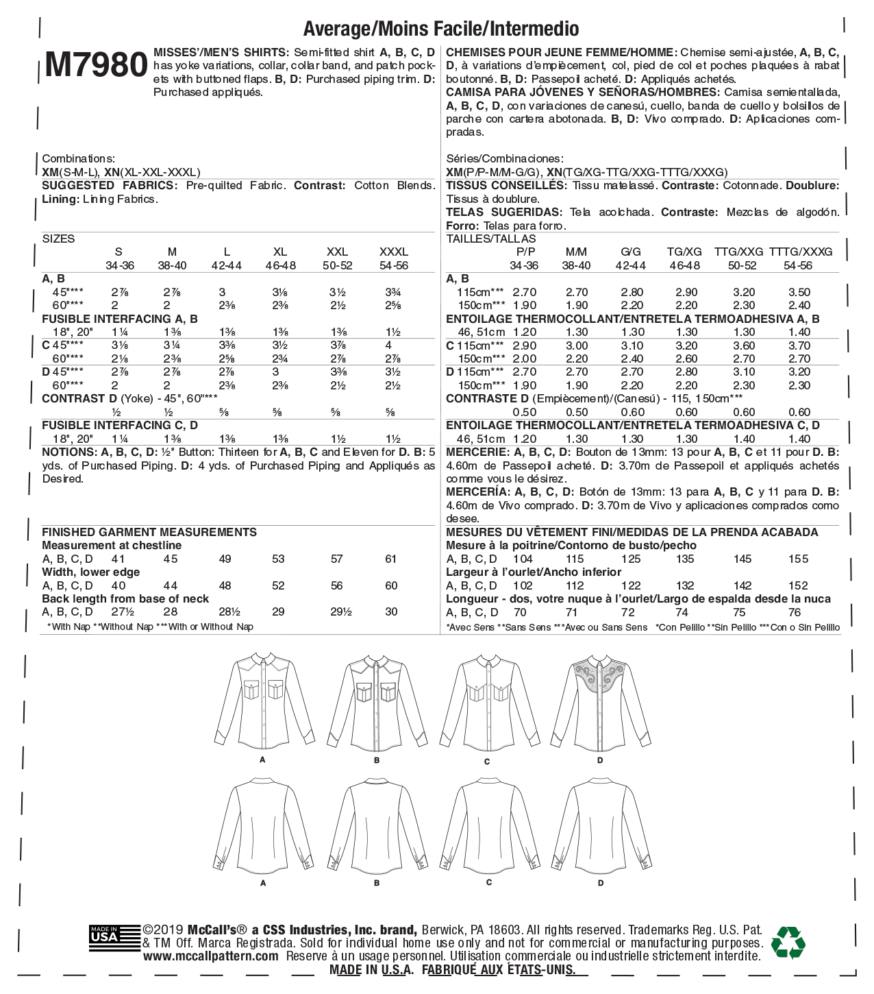 McCall's Pattern M7980 Misses' and Men's Shirts - Image 10