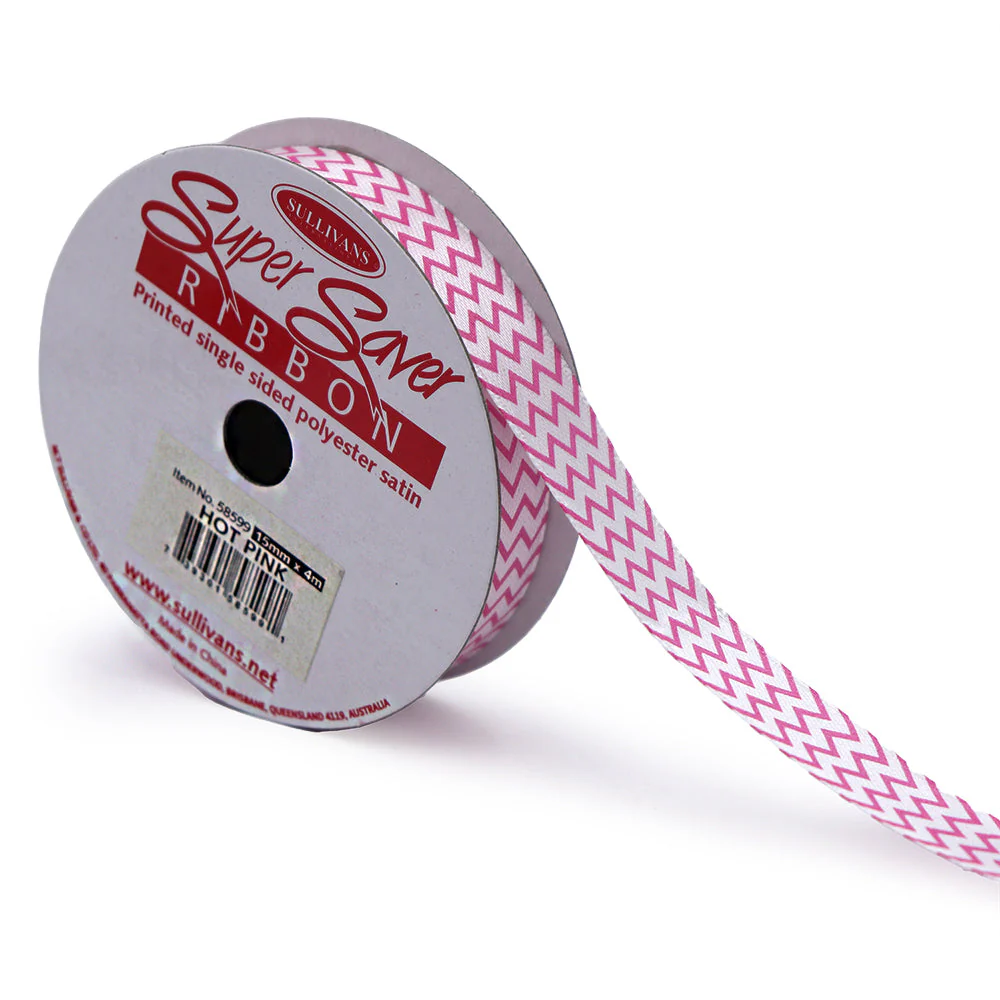 Sullivans Satin Ribbon, Chevron Hot Pink- 25mm - Image 2