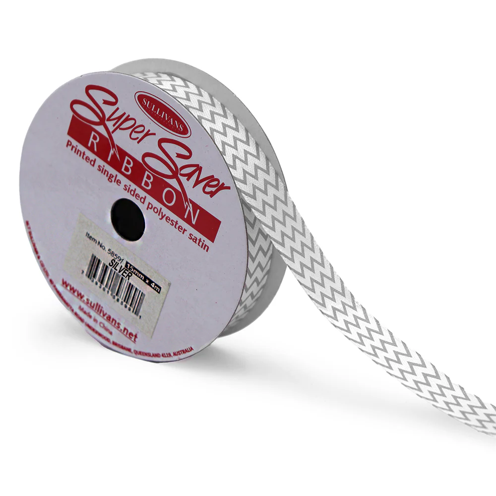 Sullivans Satin Ribbon, Chevron Silver- 15mm - Image 2