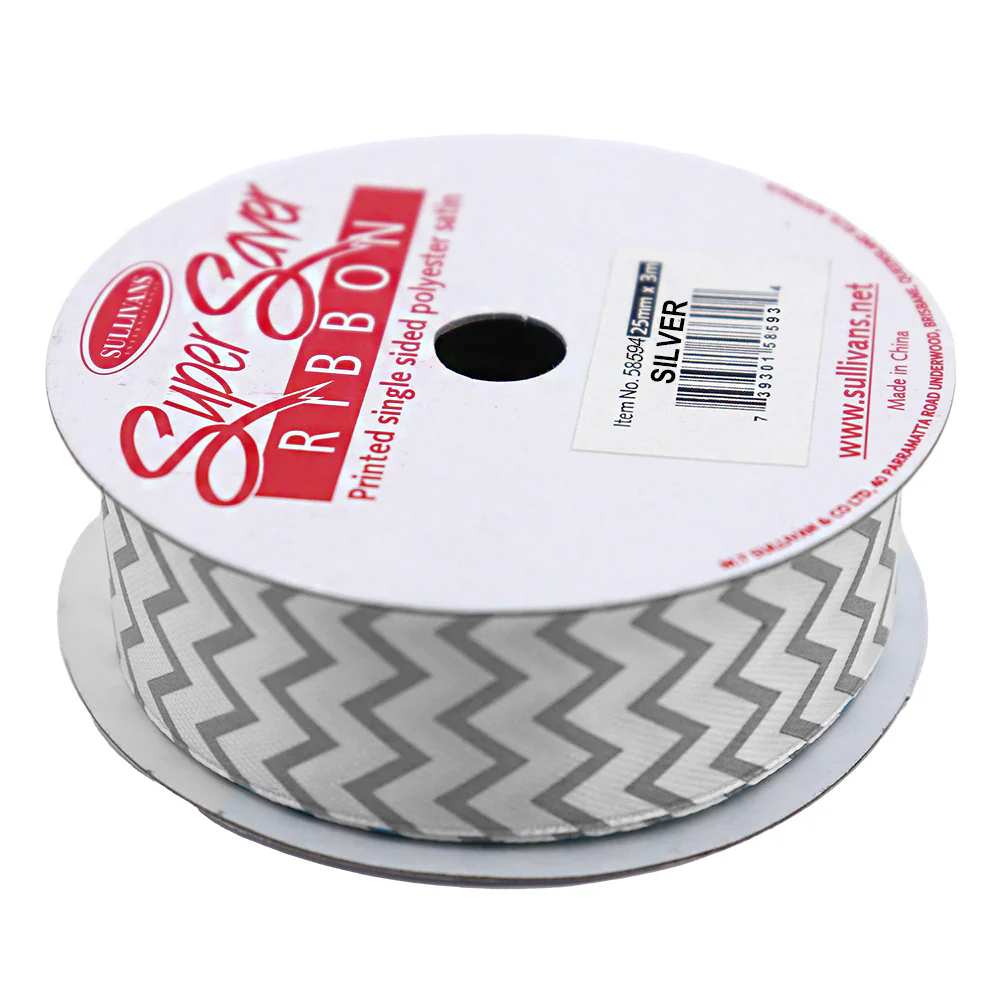 Sullivans Satin Ribbon, Chevron Silver- 25mm - Image 2
