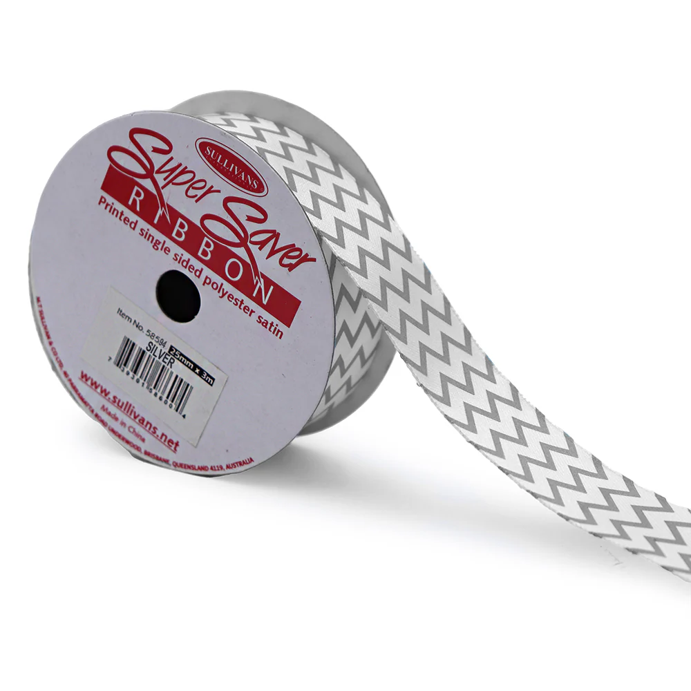 Sullivans Satin Ribbon, Chevron Silver- 25mm - Image 3