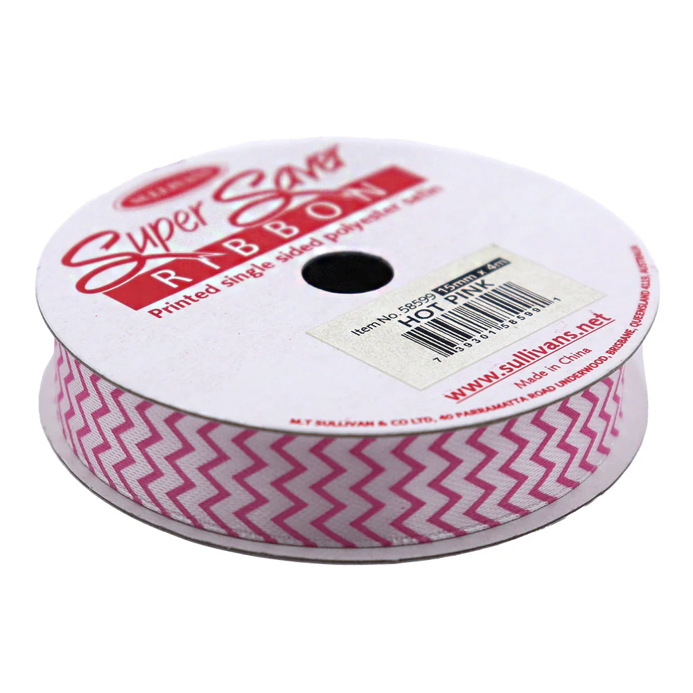 Sullivans Satin Ribbon, Chevron Hot Pink- 15mm - Image 3