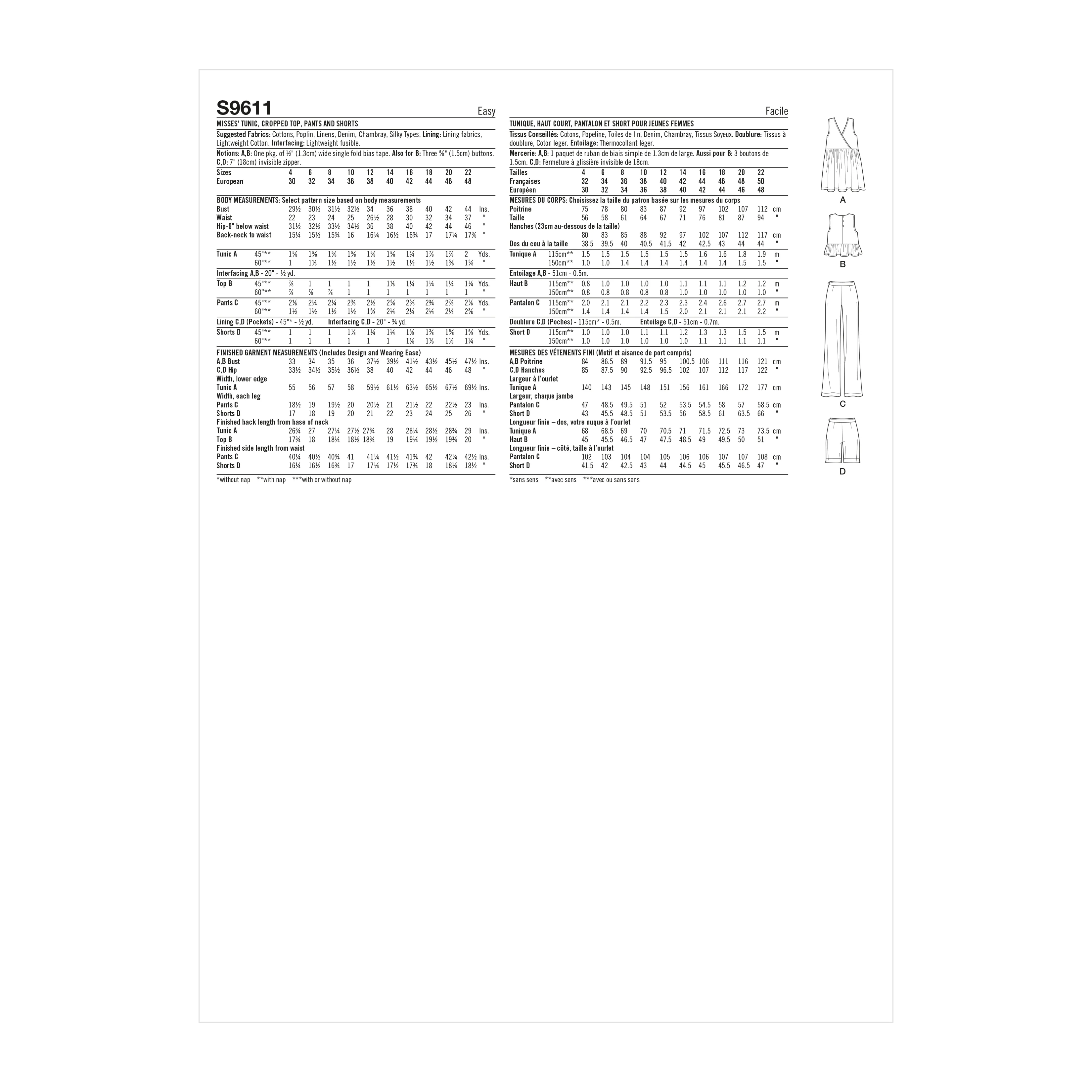 Simplicity Pattern SS9611 Misses' Tunic, Cropped Top, Pants and Shorts - Image 8