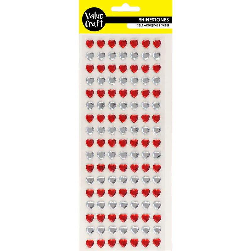Value Craft Rhinestones Sticker, Hearts Red-Silver- 26cm