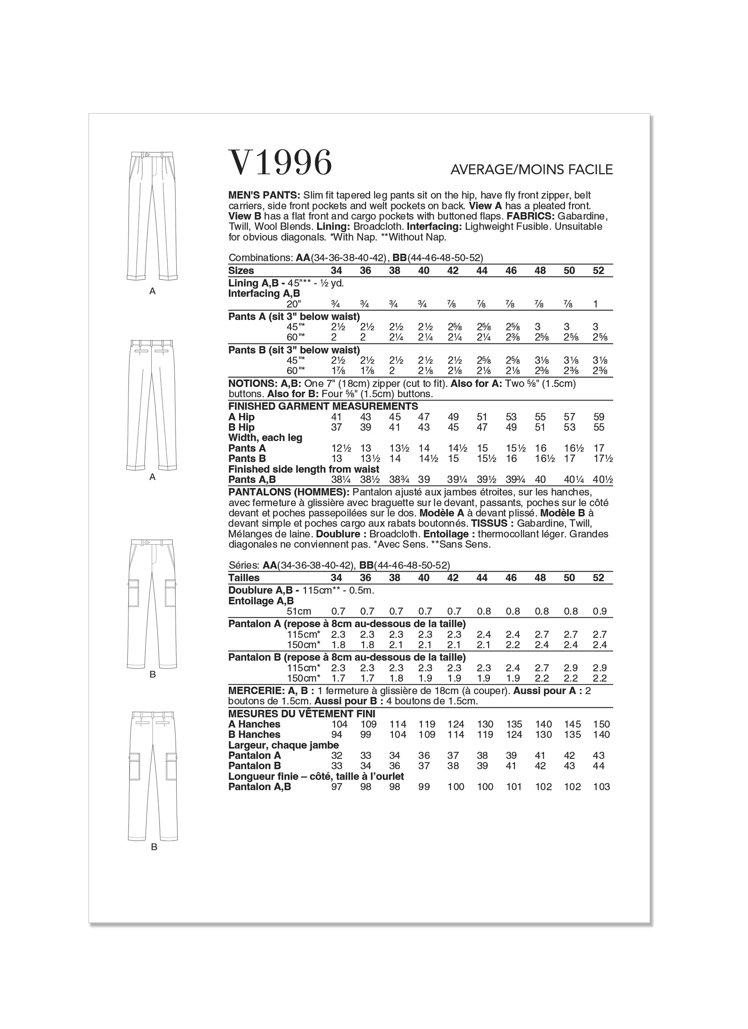 Vogue Pattern V1996 Men/Boy Skirt/Pants - Image 2