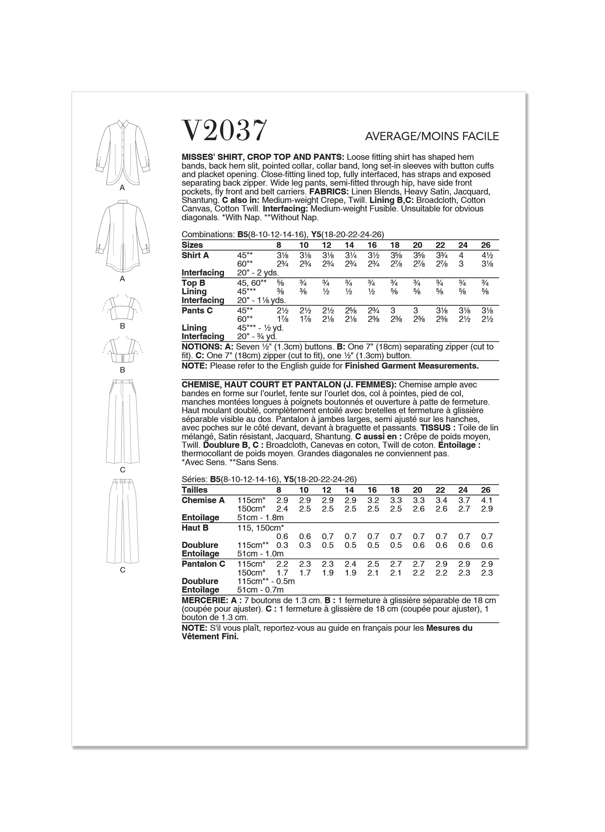 Vogue Pattern V2037 Misses' Shirt, Crop Top and Pants - Image 2