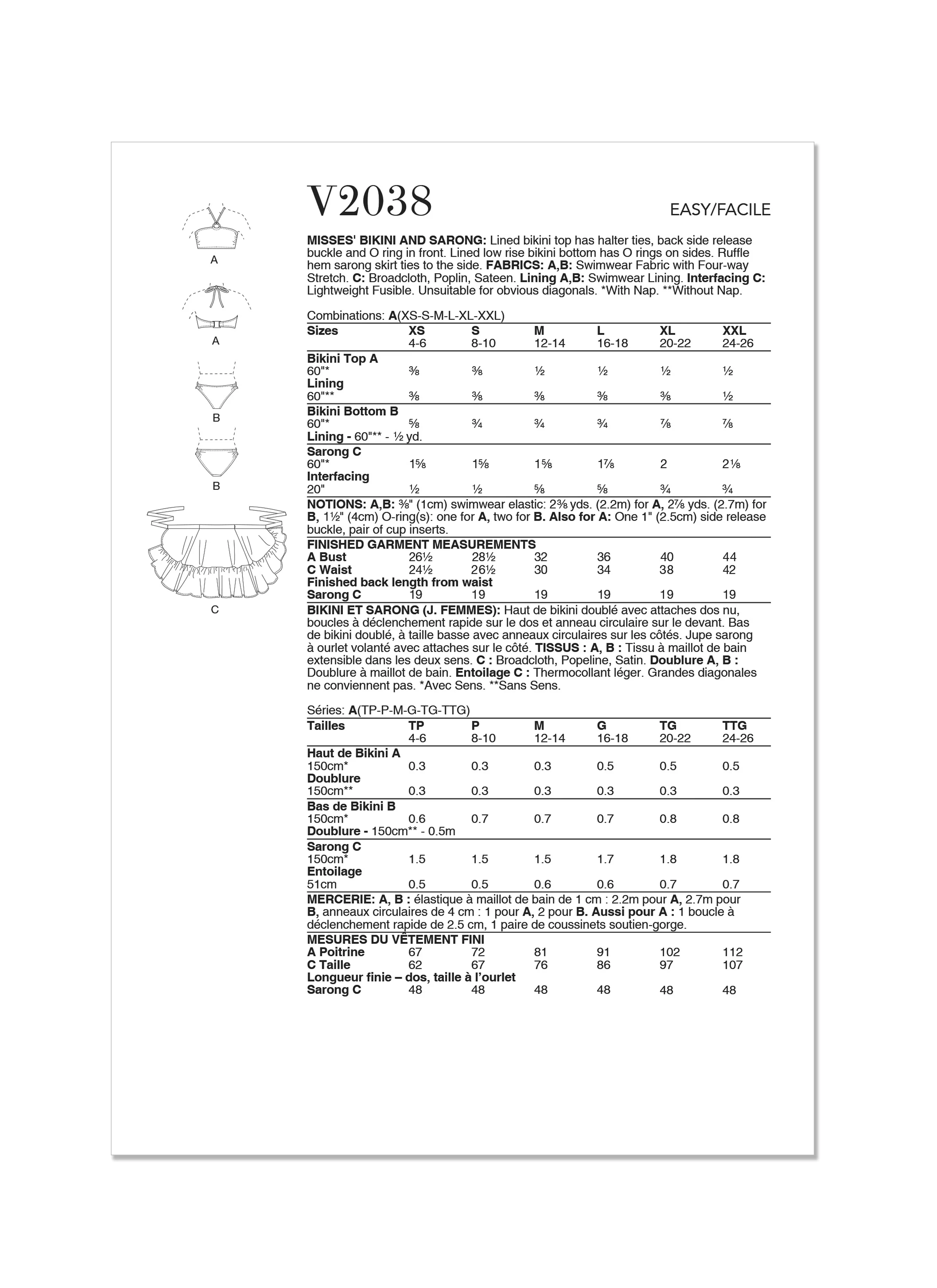Vogue Pattern V2038 Misses' Bikini and Sarong - Image 2